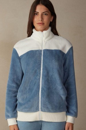 Intimissimi Color Block Fleece Bomber Pizsama Női Kék | HUOR3852