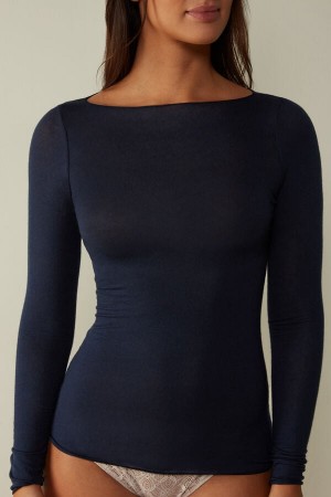Intimissimi Csónak Neck Modal Cashmere Ultralight Top Hosszú Ujjú Női Kék | HUMA4252