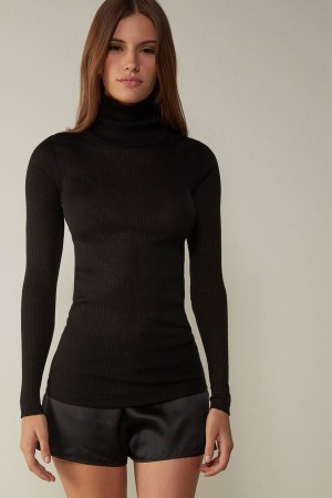 Intimissimi High-Neck Tubular Top in Gyapjú and Silk Hosszú Ujjú Női Fekete | HUDN4257