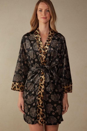 Intimissimi Lady Animalier Velvet Kimono Pizsama Női Fekete | HUAP3850
