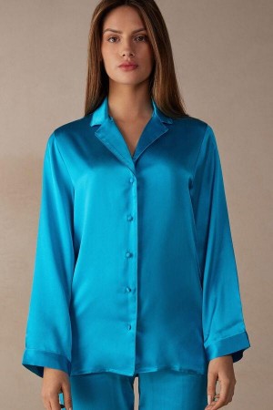 Intimissimi Mannish-Cut Jacket in Silk Satin Pizsama Női Türkiz | HUYU4038