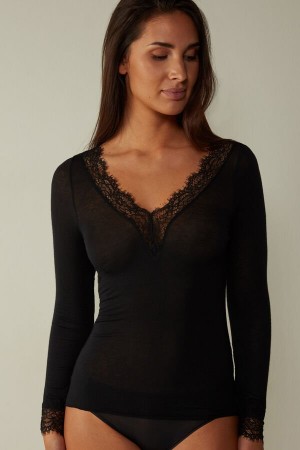 Intimissimi Modal Cashmere Ultralight Long Csipke Shirt Hosszú Ujjú Női Fekete | HUEX4249