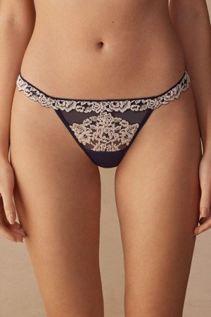 Intimissimi Pretty Flowers String Tanga Bugyi Női Mélykék Világos Sárga | HUJJ3818
