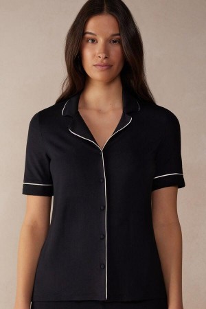 Intimissimi Rövid Sleeve Button Up Shirt in Modal Pizsama Női Fekete | HURW3961