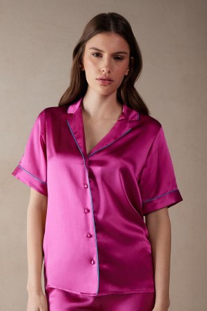 Intimissimi Rövid Sleeve Silk Shirt with Contrast Trim Pizsama Női Rózsaszín | HUFM3951