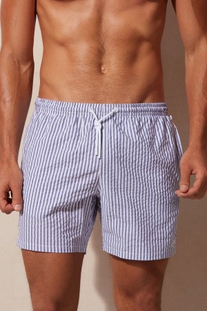 Intimissimi Stripe Print Seersucker Úszónadrág Férfi Fehér Sötétkék Kék | HUBC3324
