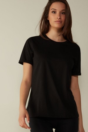 Intimissimi Supima® Pamut Top Short Sleeve Női Fekete | HUGL4210