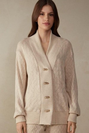 Intimissimi Téli Braid Long Sleeve Jacquard Cardigan Pizsama Női Bézs | HUFM3892